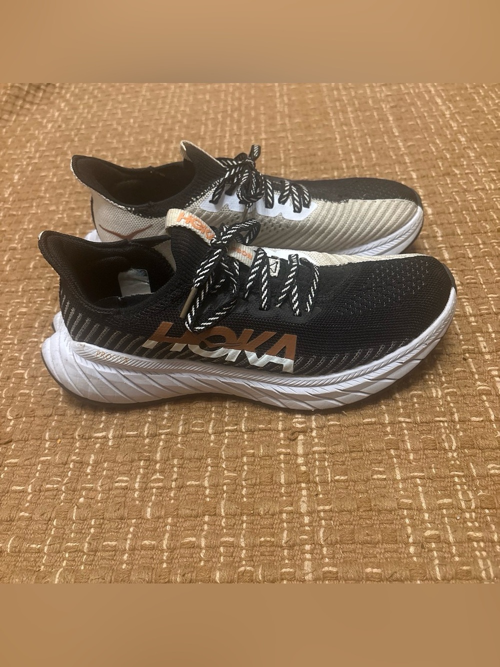 Hoka Black and Cream Knit Running Shoes with White Midsole